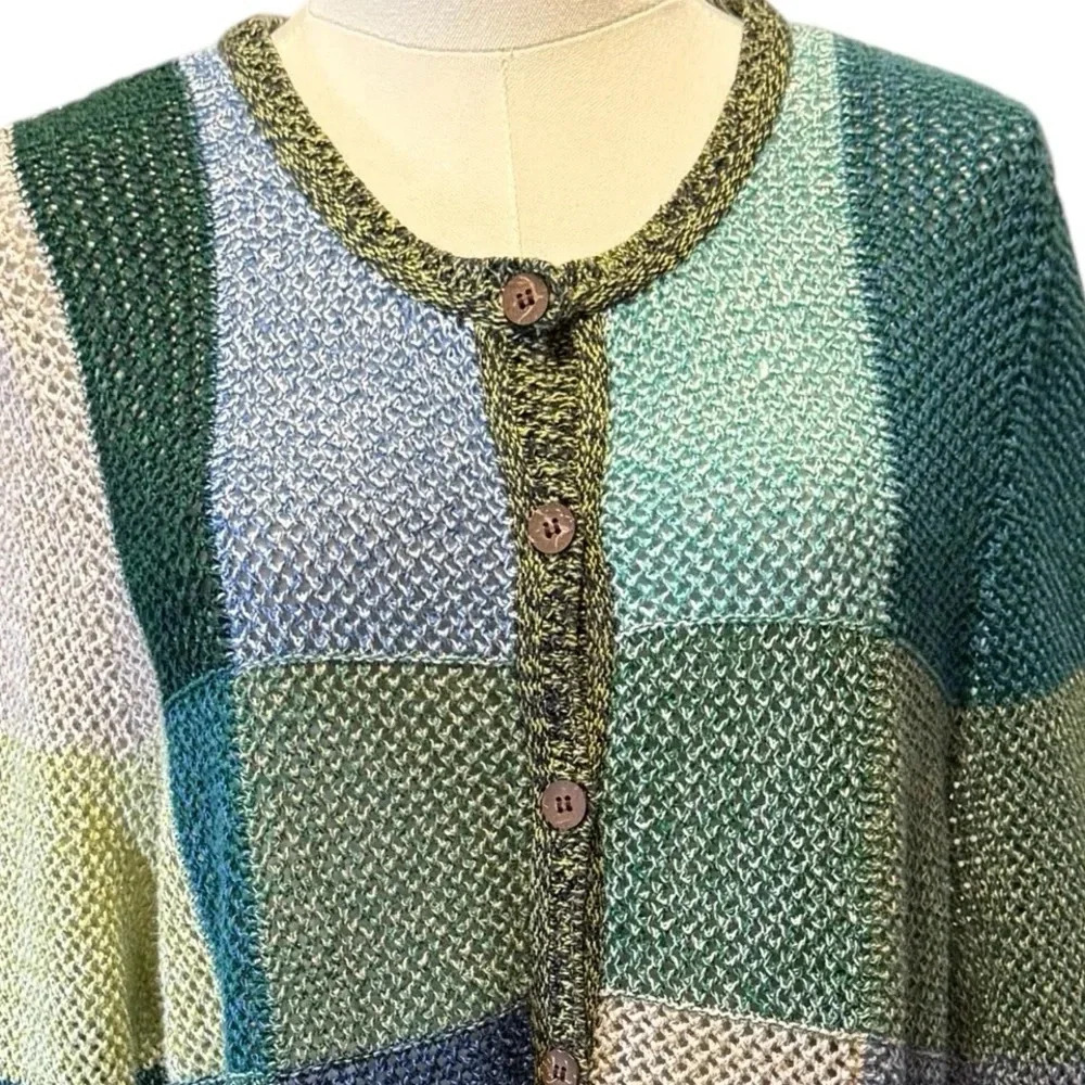 Patchwork Cottagecore Open Knit Blue Green Button Cardigan Sweater Womens Large - Picture 4 of 13